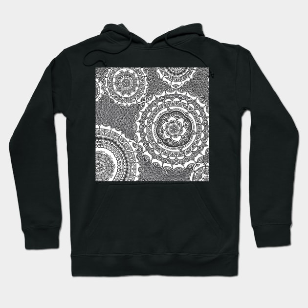 Black and White Henna Mandala Flowers Hoodie by HLeslie Design